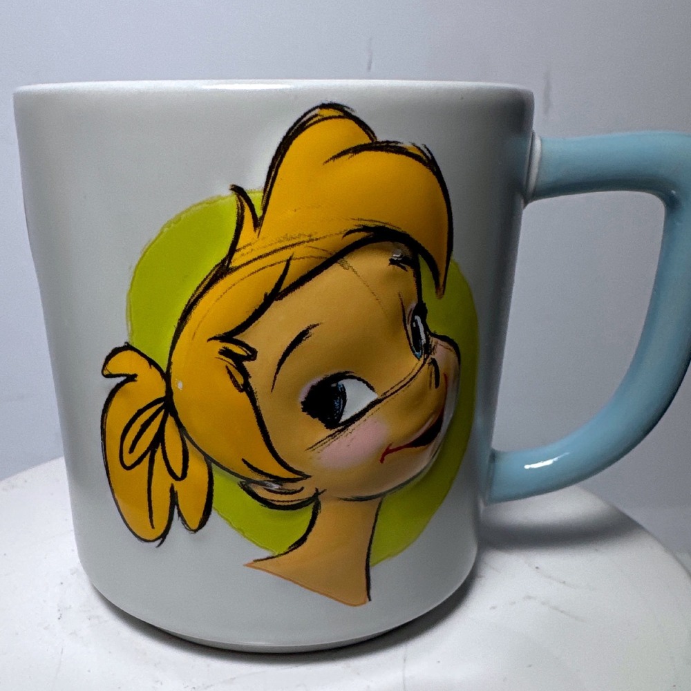 Disney Store Tinker Bell Mug White Blue Sketch Art Excellent Fairy